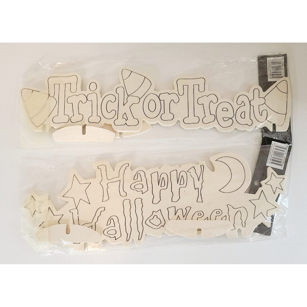 Halloween Unfinished Wood Cutout Signs Pumpkin Ghost Bat Crafts 2 Pieces New